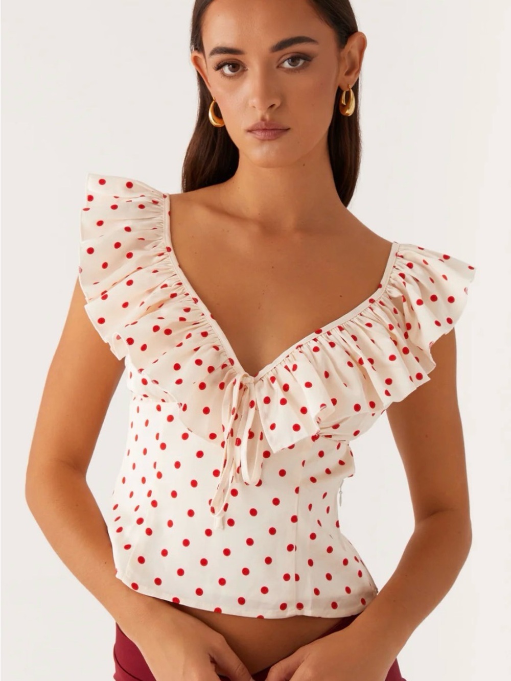 Peppermayo Cream Ruffle V-Neck Top with Red Polka Dots